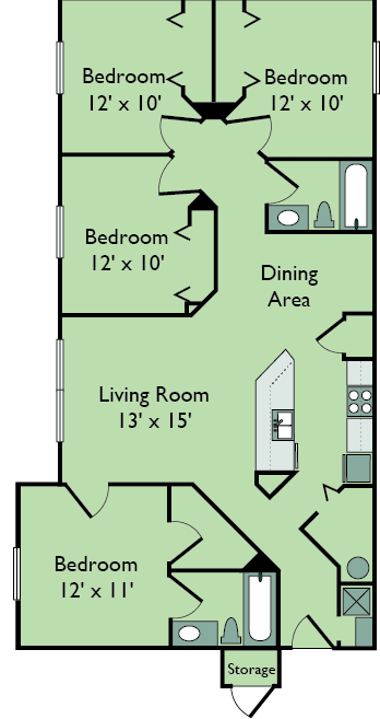 Floor plan for 4 beds, 2 baths, 1325 sqft